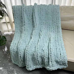 Handmade chunky knit chenille blanket for cozy sofa couch decor, soft warm throw blanket.