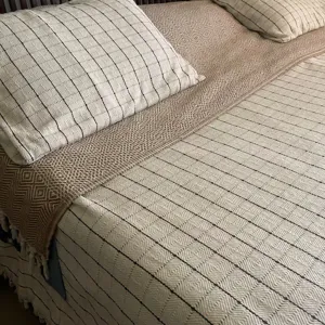 Detailed close-up view of woven cotton blanket featuring checkered pattern and cozy tassels.