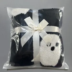 Cute ghost pattern fuzzy throw blanket black and white soft flannel knit blanket detail view