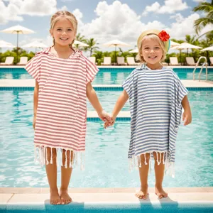 Kinder Kapuzen Strandtuch Poncho gestreiftes türkisches Handtuch mit Fransen Pool Urlaub