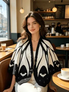 Detail view of women's black and white gothic bat wing knit shawl cape, stylish outerwear.