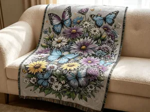 Woven jacquard butterfly floral throw blanket for sofa and living room home decor.
