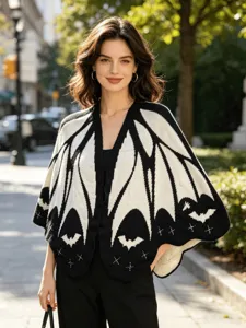 Black and white knitted bat wing cape cardigan for women, perfect for Halloween style.