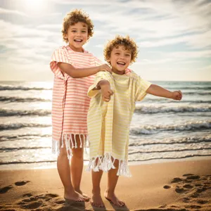Kinder Strandtuch Poncho mit Fransen, gestreiftes türkisches Baumwollbadetuch für Pool.