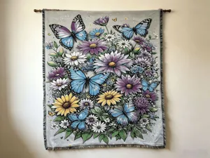 Woven butterfly floral tapestry detail shot, perfect for home wall hanging and sofa throw decoration.