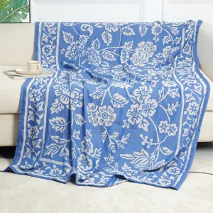 Blue and white woven jacquard throw blanket for sofa couch cozy home decor daily use