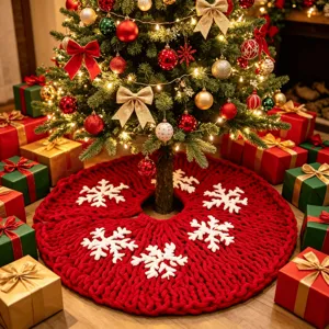 Jupe de sapin de Noël en grosse maille rouge avec des flocons blancs, tapis de déco de fête.