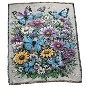 Woven jacquard throw blanket featuring beautiful butterfly and floral patterns, cozy sofa cover.