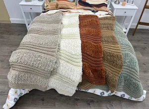 Cozy knitted throw blanket detail showcasing soft plush texture and modern bedroom styling.