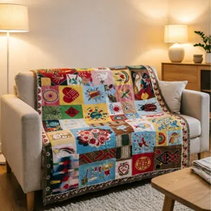 Bunte Patchwork gewebte Jacquard Wohndecke für Sofa und Bett, Vintage Dekorationsdecke.