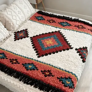 Handmade Chenille Knit Throw Blanket Ethnic Geometric Pattern Tassel Thick Blanket For Bedroom Living Room Sofa