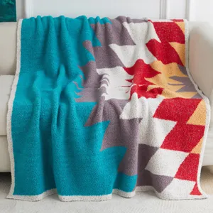 Cozy knit jacquard throw blanket for sofa, soft colorful geometric patterned feather yarn blanket.