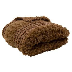 Detailed view of the brown knitted faux fur blanket, showcasing soft plush texture and cozy design.