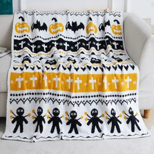 Cozy Halloween plush knitted jacquard throw blanket for sofa couch bed, soft autumn decor.
