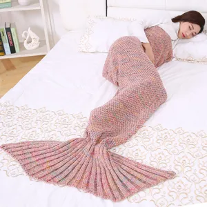 Coperta a coda di sirena in maglia per donne, plaid uncinetto colorato, coperta divano.