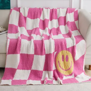 Pink white check fuzzy throw blanket soft cozy knitted plush blanket with yellow smiley face