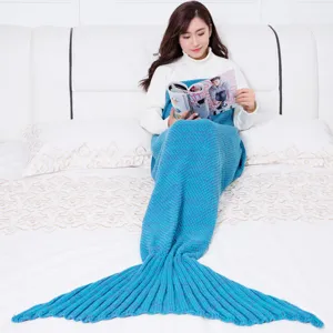 Coperta a coda di sirena in maglia blu per relax, coperta da divano morbida calda e accogliente.