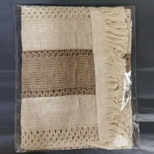 Nordischer Tischläufer gestrickt mit Fransen, beige brauner Baumwolle Leinen Teematte Heimdekoration.