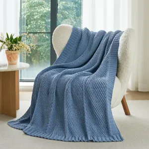 Blue knitted throw blanket for sofa cozy living room decor soft couch cover warm office nap blanket.