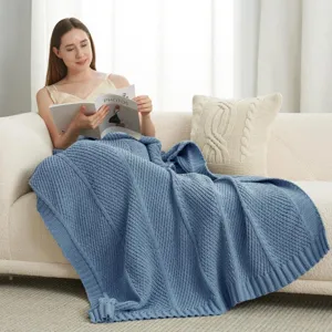 Detailed view of a cozy blue knitted throw blanket featuring diagonal stripe texture on a sofa.