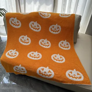 Orange knit jacquard pumpkin blanket soft cozy throw blanket for living room sofa.