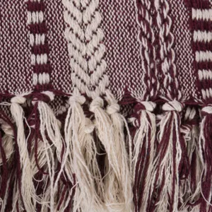 Gros plan détaillé d'une couverture tissée jacquard à franges au style bohème.