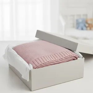Pink knitted baby blanket in elegant gift box, pure cotton soft warm autumn cover for infant.