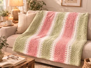 Cozy chunky knit striped blanket on a soft sofa in a warm living room setting detail.