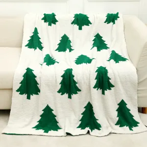 Christmas plush throw blanket with green pine tree pattern, soft fuzzy fleece cozy bed sofa blanket