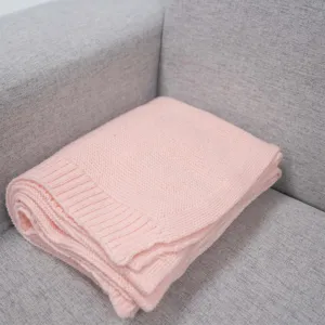 Pink knitted blanket for sofa and baby, soft cotton warm throw blanket for autumn winter use.