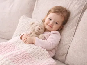 Cozy lifestyle detail shot showing a soft pink and white chunky knit throw blanket.