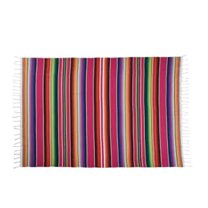 Vibrant Mexican style striped serape blanket ideal for beach, outdoor picnic, and home decor.
