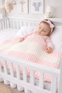 Chunky knit baby blanket pink white striped cozy soft newborn blanket for crib nap nursery decor.