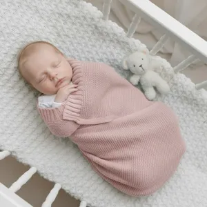 Pink knitted baby swaddle blanket newborn sleeping bag soft cotton crib warm autumn winter