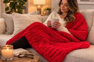 Cozy red chunky knit throw blanket for sofa, soft chenille blanket for living room decor.