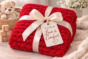 Detailed view of cozy red chunky knit blanket wrapped with cream ribbon and a gift tag.