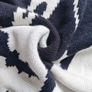 Close-up detail shot of black and white knitted fabric texture, soft and warm material.