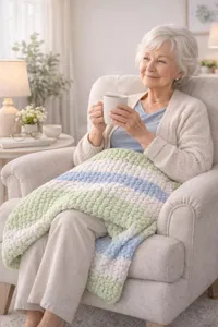 Cozy knitted throw blanket detail showing soft pastel striped texture in a warm living room.