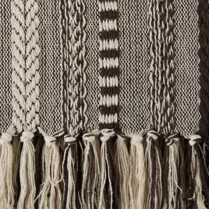 Gros plan détaillé sur la texture de la couverture jacquard tissée et ses franges.