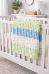 Chunky knit striped baby blanket detail, cozy nursery decor accessory for crib or sofa.