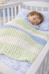 Cozy chunky knit colorblock throw blanket detail scene showing soft texture for bedroom nap use.