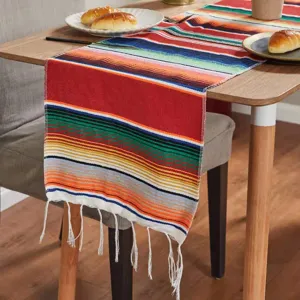 Mexican striped table runner woven colorful serape tablecloth with fringe detail for party