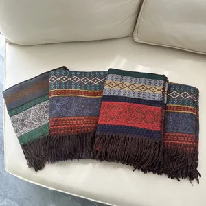 Bohemian retro ethnic style printed striped shawl scarf for women, detailed close-up texture.