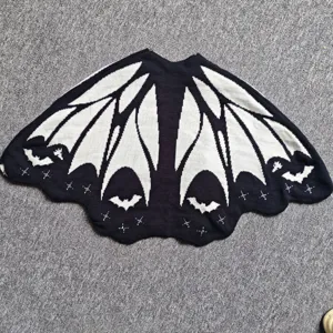 Black white bat wing knitted cape Halloween shawl gothic women poncho sweater top