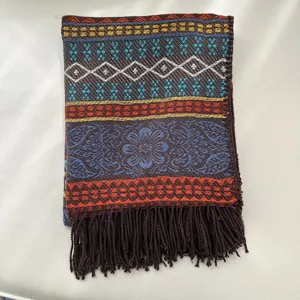 Bohemian ethnic striped fringe scarf shawl detail, cozy warm winter travel wrap for women.