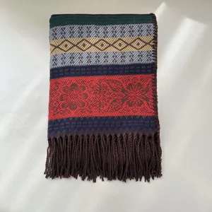 Boho vintage ethnic striped fringe shawl detail, vibrant multi-color woven wool-blend fabric.