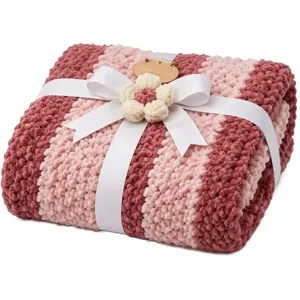 Cozy color-block knitted throw blanket for sofa, soft plush gift blanket with ribbon decor.