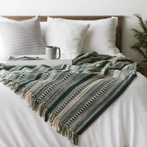 Couverture jacquard tissee avec franges style ethnique boheme pour la decoration du lit et du sofa
