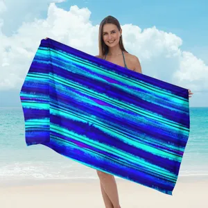 Vista dettagliata di un morbido telo mare in microfibra con righe acquerello blu e turchese.