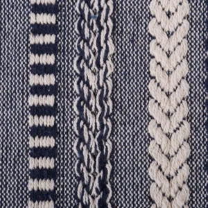 Gros plan sur les details de la couverture jacquard tissée au motif de tricot texturé bleu et blanc.